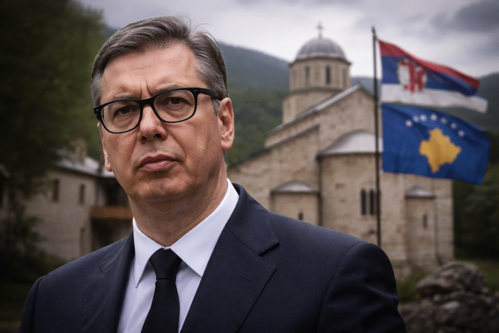 Serbian President Aleksandar Vučić standing in front of the Visoki Dečani monastery in Kosovo, with Serbian and Kosovo flags visible in the background.