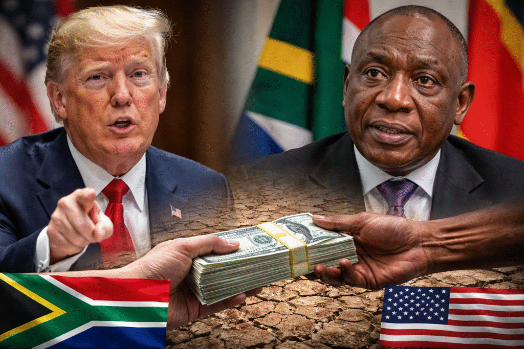 Composite image showing U.S. President Donald Trump and South African President Cyril Ramaphosa facing each other with their national flags behind them, while hands exchange a stack of U.S. dollars over dry, cracked ground in the foreground.