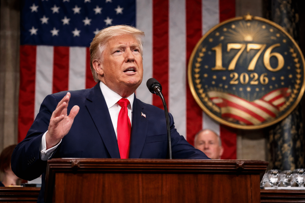 President Donald Trump speaking at a podium during the State of the Union with a U.S. flag and a 250th anniversary emblem in the background.