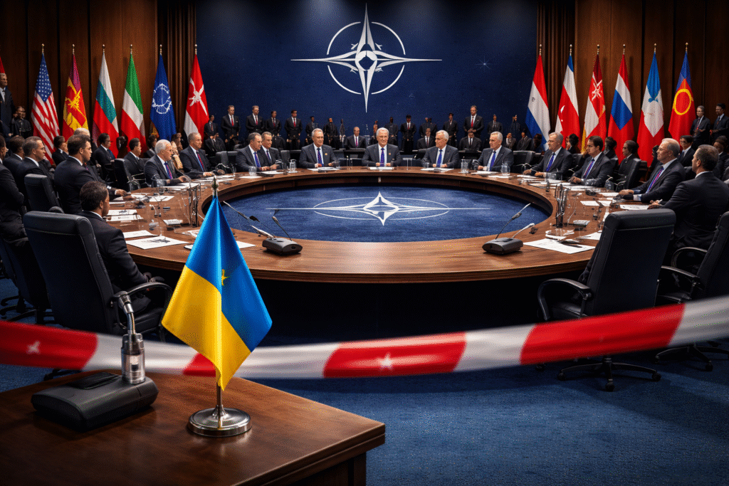 NATO summit meeting room with leaders seated around a circular table, alliance flags behind them, and a Ukrainian flag positioned outside a barrier in the foreground.