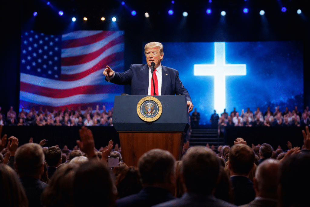 Donald Trump speaking at a podium during a large Christian conference, with a U.S. flag and illuminated cross behind him and an audience gathered in front.