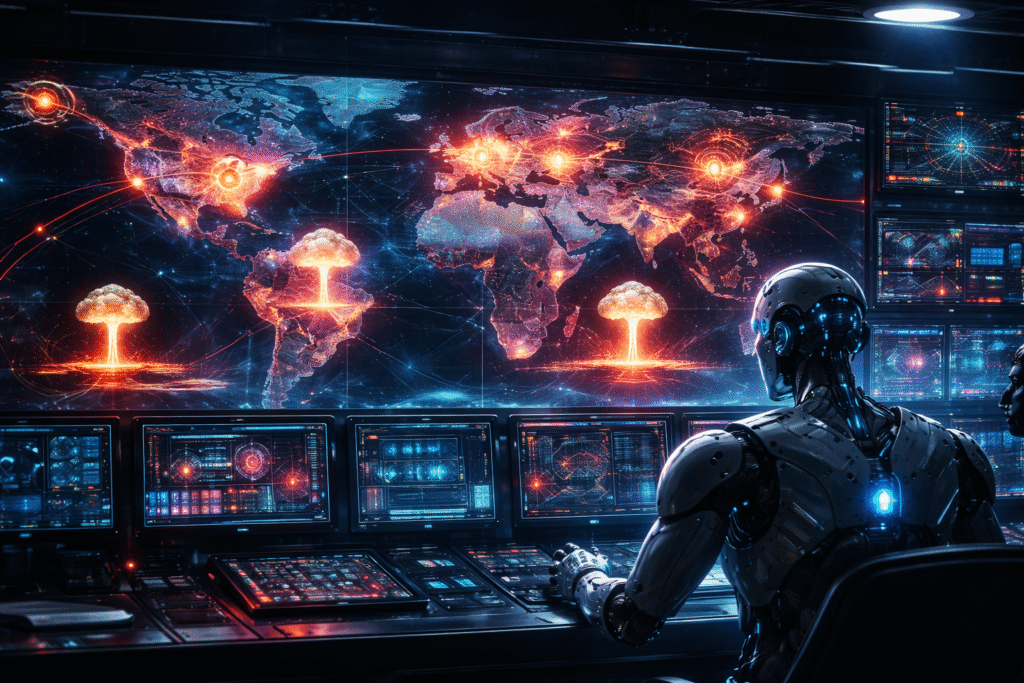 Humanoid robot seated in a high-tech control room monitors a global map displaying missile trajectories and multiple nuclear explosions across continents.