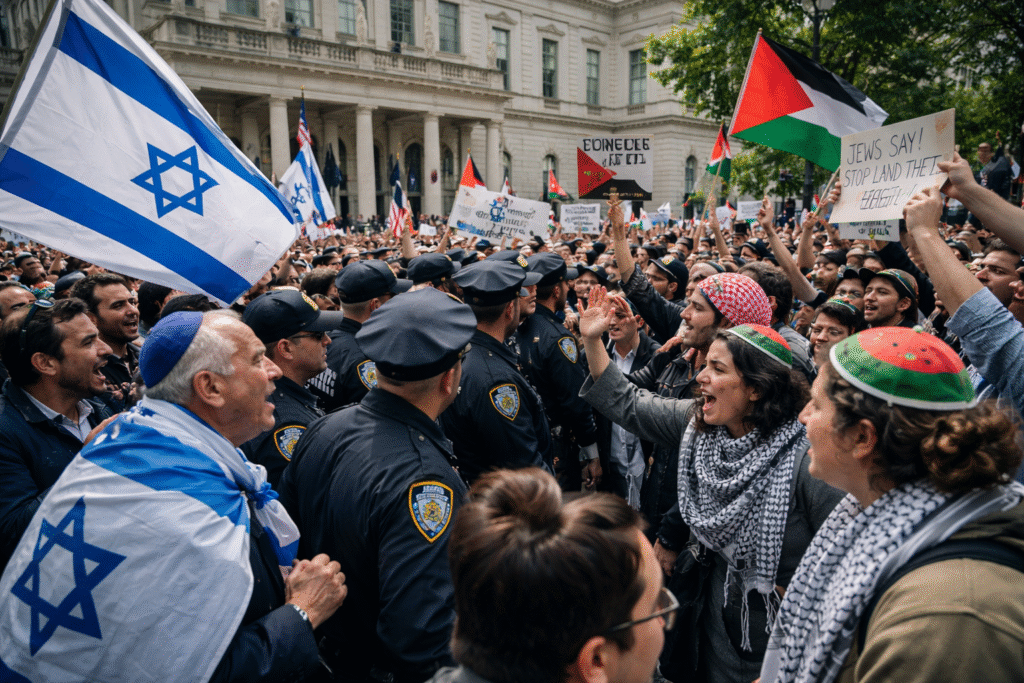 Crowd of pro-Israel and pro-Palestinian demonstrators facing each other outside New York City Hall, separated by NYPD officers, with Israeli and Palestinian flags raised amid a tense confrontation.
