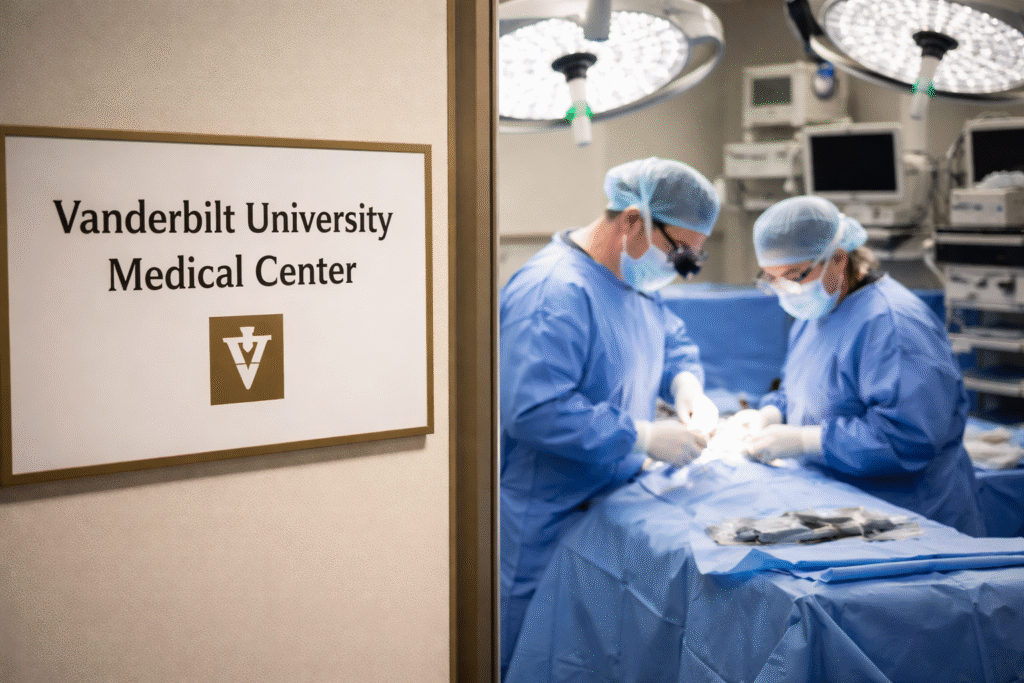 Surgeons performing a procedure inside a hospital operating room with medical equipment and surgical lights visible in the background.