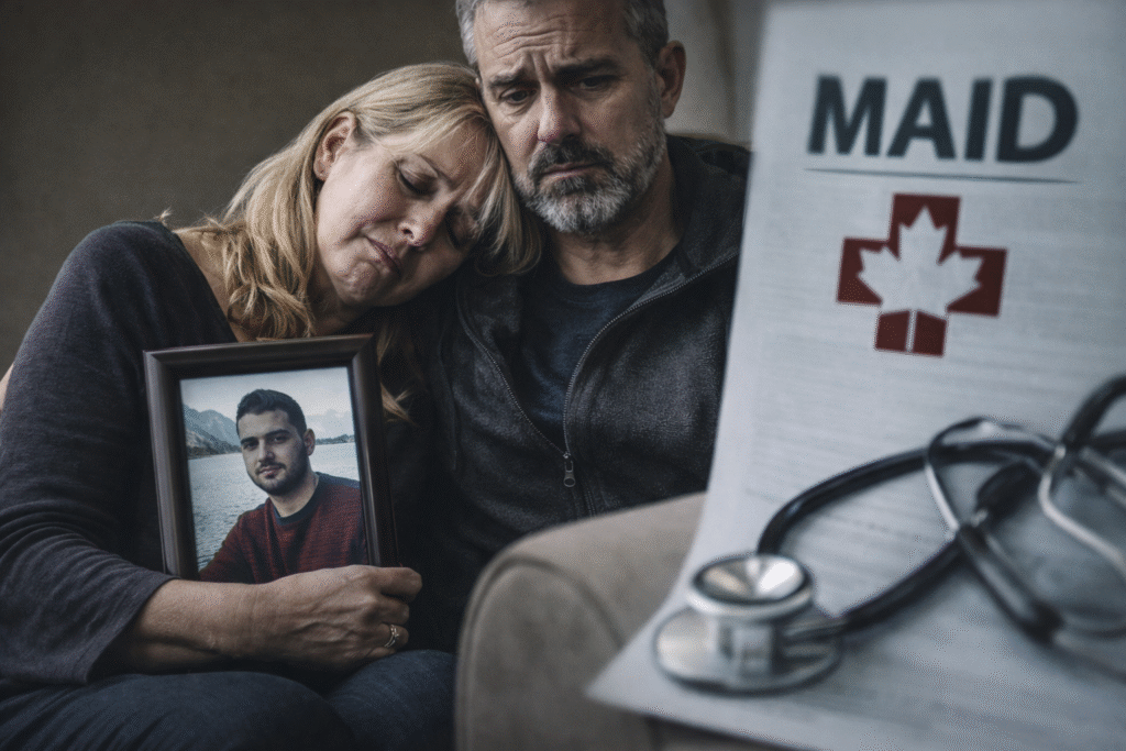 Grieving couple holding a framed photo of their adult son while reviewing medical paperwork, with a stethoscope and clinical setting visible nearby.