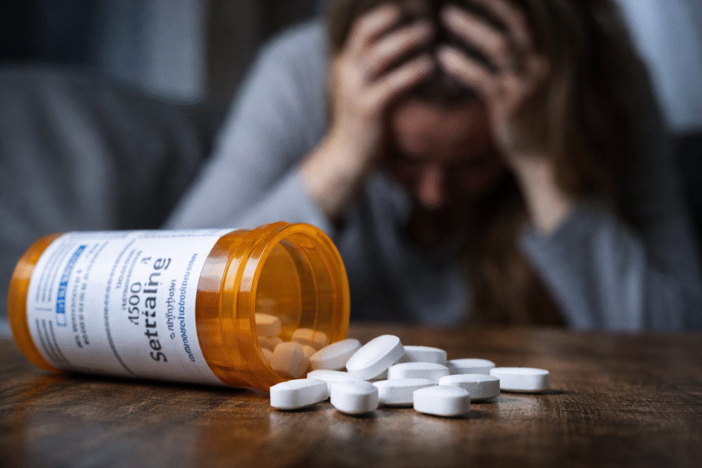 Spilled prescription bottle of sertraline tablets on a table, with a distressed person holding their head in the blurred background.