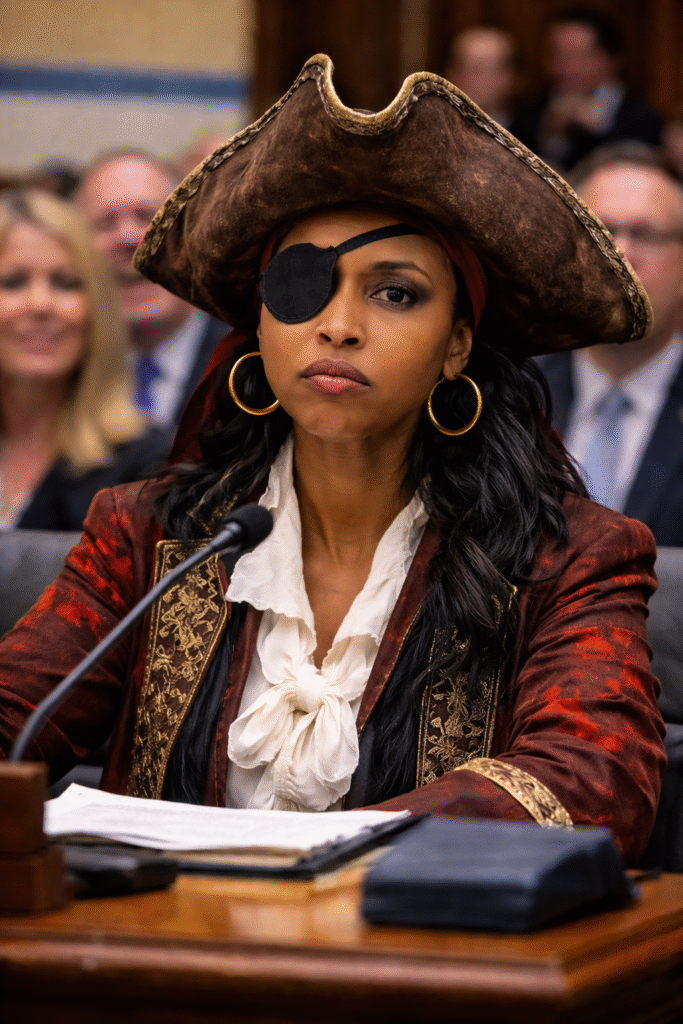 Ilhan Omar dressed in a pirate costume with a tricorn hat and eyepatch, looking directly at the camera with a serious expression while seated at a hearing table.