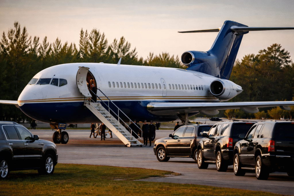 White and blue private jet parked on a runway at sunset with black SUVs nearby and several adults standing beside the aircraft staircase.