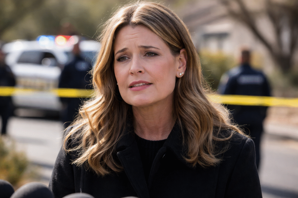Savannah Guthrie speaking emotionally outdoors with police vehicles and officers blurred in the background during an active investigation scene
