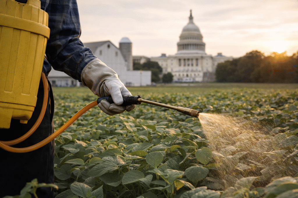 Farmer wearing gloves spraying pesticide over crop rows in a field, with a government building visible in the distance.