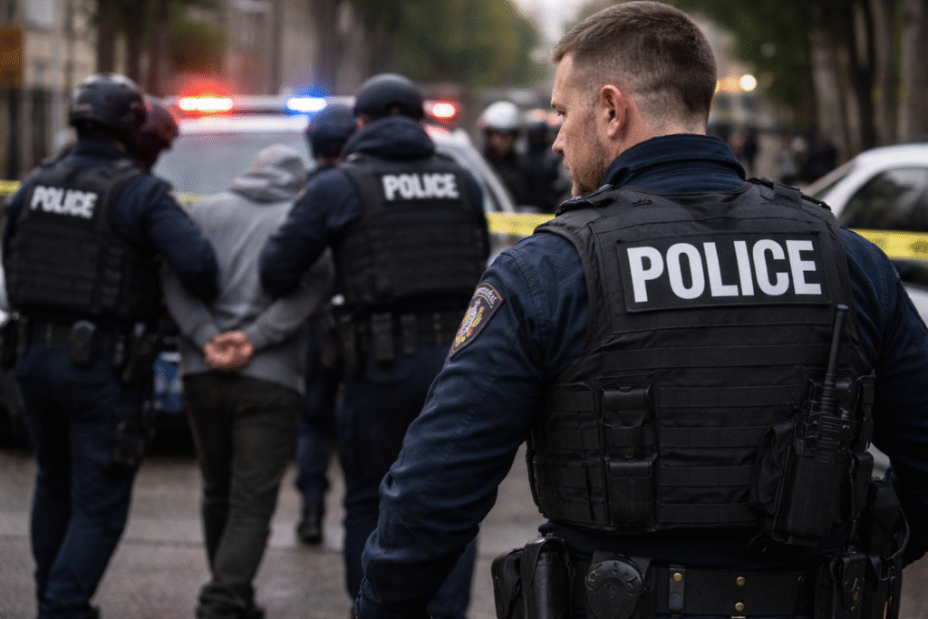 Police officers detaining a suspect on a city street with patrol vehicles and emergency lights in the background.