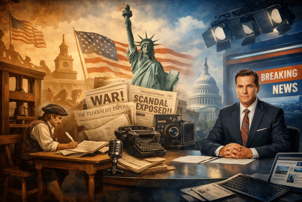 Composite illustration showing evolution of American journalism from colonial printing press and early newspapers to 20th-century media and a modern television newsroom with anchor and studio equipment.