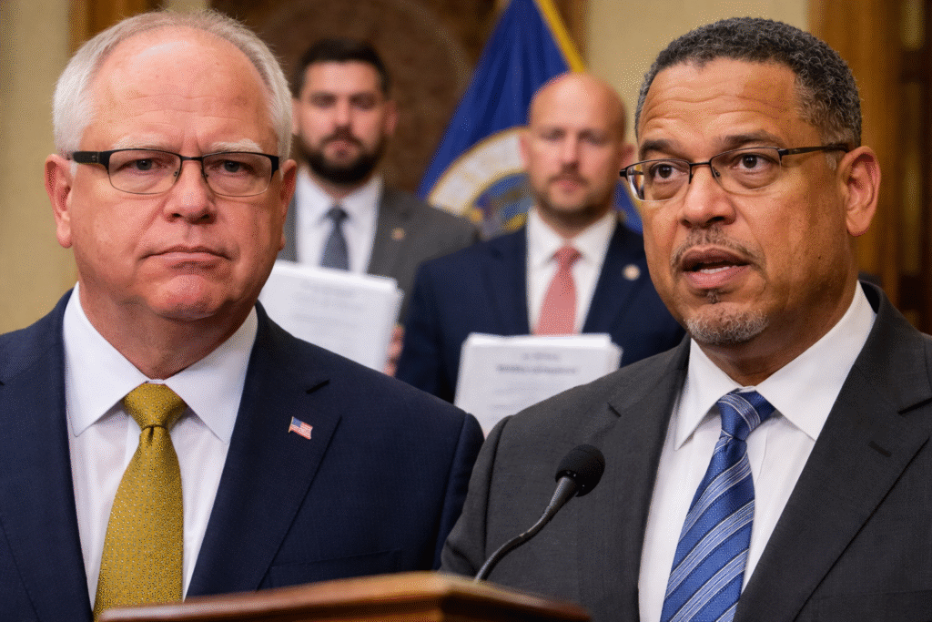 Minnesota Gov. Tim Walz and Attorney General Keith Ellison standing at a podium during a press event, with lawmakers holding documents in the background inside the state capitol.
