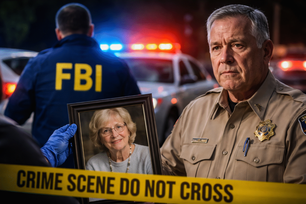 Law enforcement scene with an officer and FBI agent near police lights as a gloved hand holds a framed photo of an elderly woman.