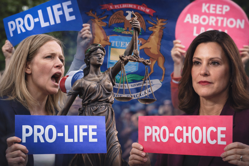 Composite image of a courtroom justice statue between opposing abortion protesters, with Michigan Governor Gretchen Whitmer and state imagery in the background.