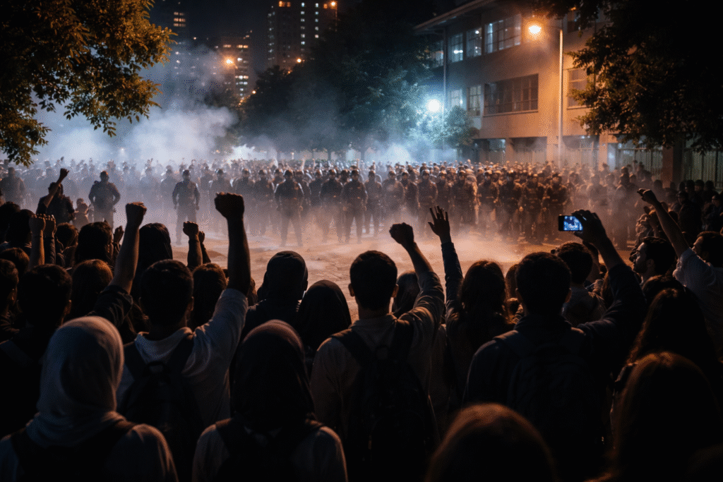 Nighttime university protest in Tehran with students gathered in a campus courtyard facing security forces amid tear gas and city lights.