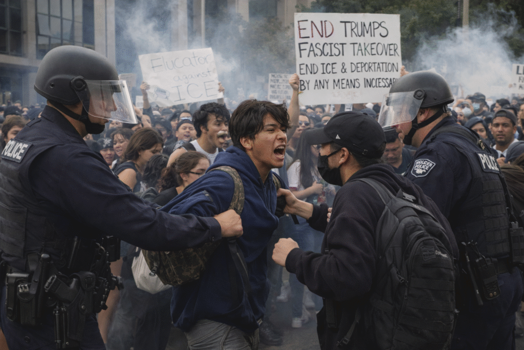 Police in riot gear detain a student during a tense protest outside a Los Angeles federal building as a crowd of demonstrators gathers behind them.