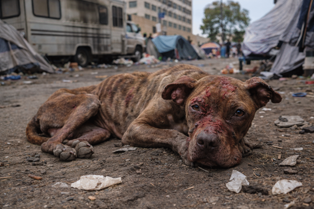 Injured and malnourished dog lying on a dirty Skid Row street surrounded by tents and debris in downtown Los Angeles.