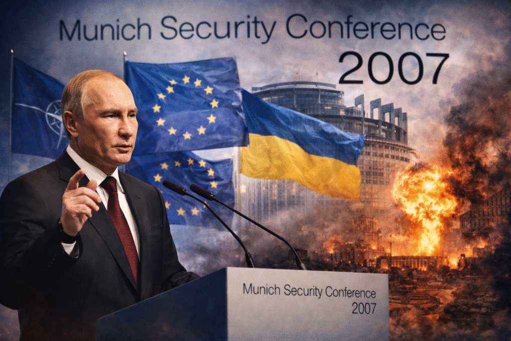 Vladimir Putin speaking at a podium with NATO, EU, and Ukraine flags behind him, and a war-torn city with an explosion in the background representing geopolitical conflict.