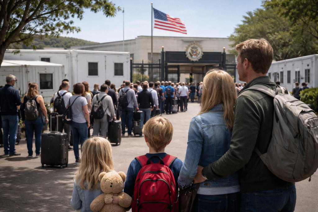 Group of South African applicants standing in line outside the U.S. Embassy in Pretoria, with temporary modular trailers inside the compound and a U.S. flag flying above the entrance.