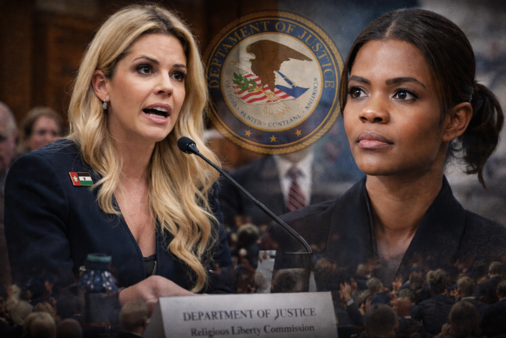 Carrie Prejean Boller speaking at a government hearing with a microphone, Candace Owens listening beside her, and a Department of Justice seal visible in the background.