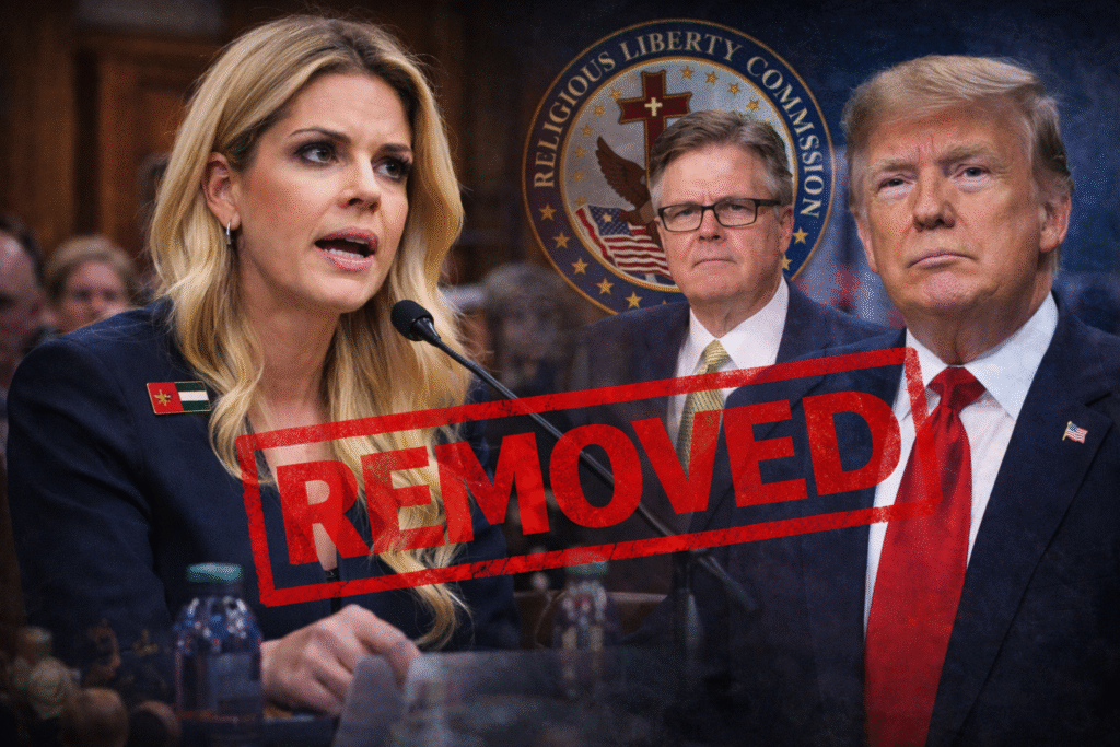 Carrie Prejean Boller speaking at a hearing with a microphone, Dan Patrick and Donald Trump behind her, and a Religious Liberty Commission seal in the background.