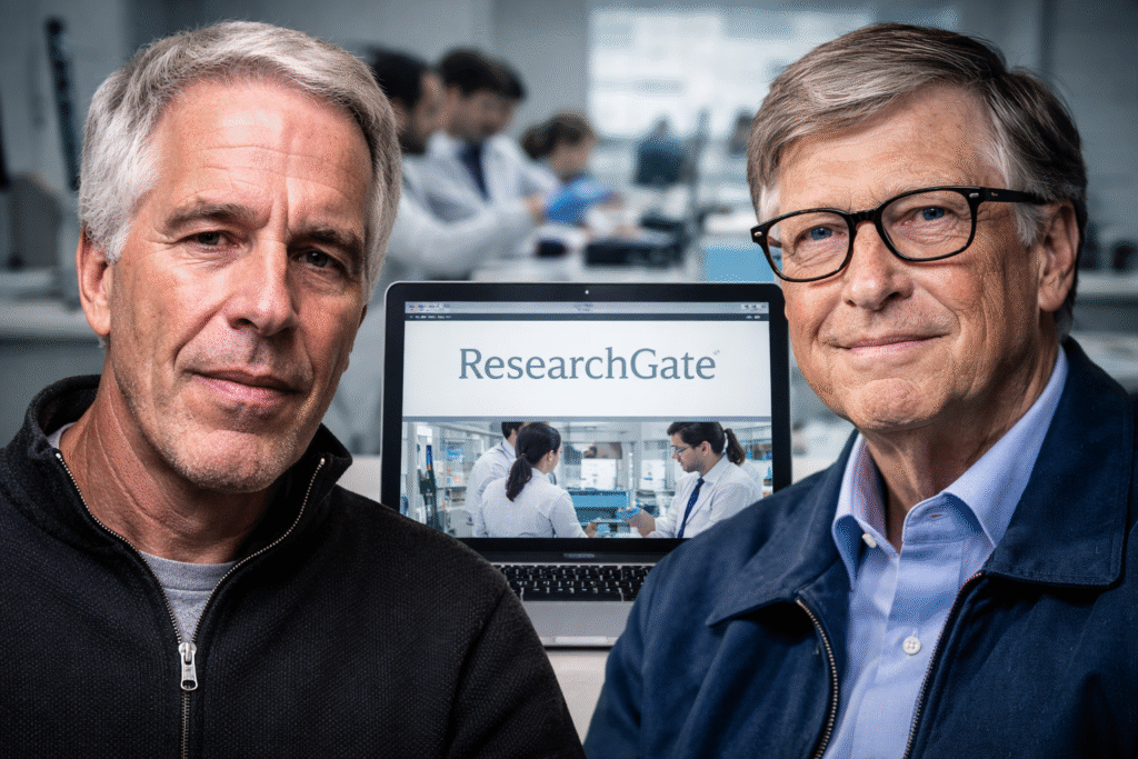 Jeffrey Epstein and Bill Gates shown in front of a laptop displaying a scientific research platform, with laboratory researchers working in the background.