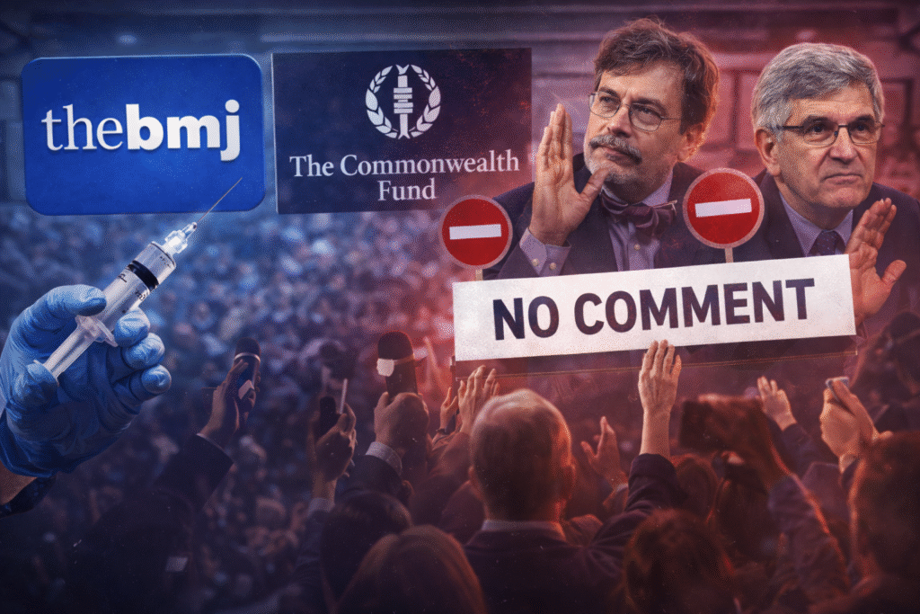 Gloved hand holding a syringe in the foreground with two doctors gesturing behind it, a blurred crowd scene in the background, and organizational logos displayed above.