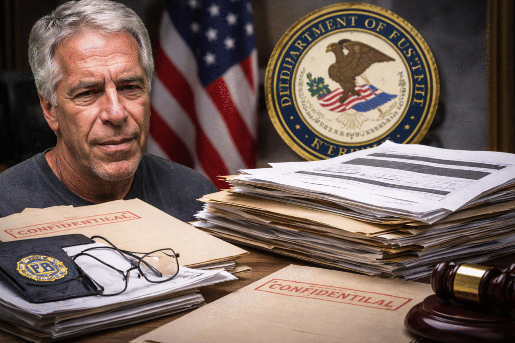 Jeffrey Epstein beside stacks of legal documents and redacted case files with an FBI badge and Department of Justice seal in the background.