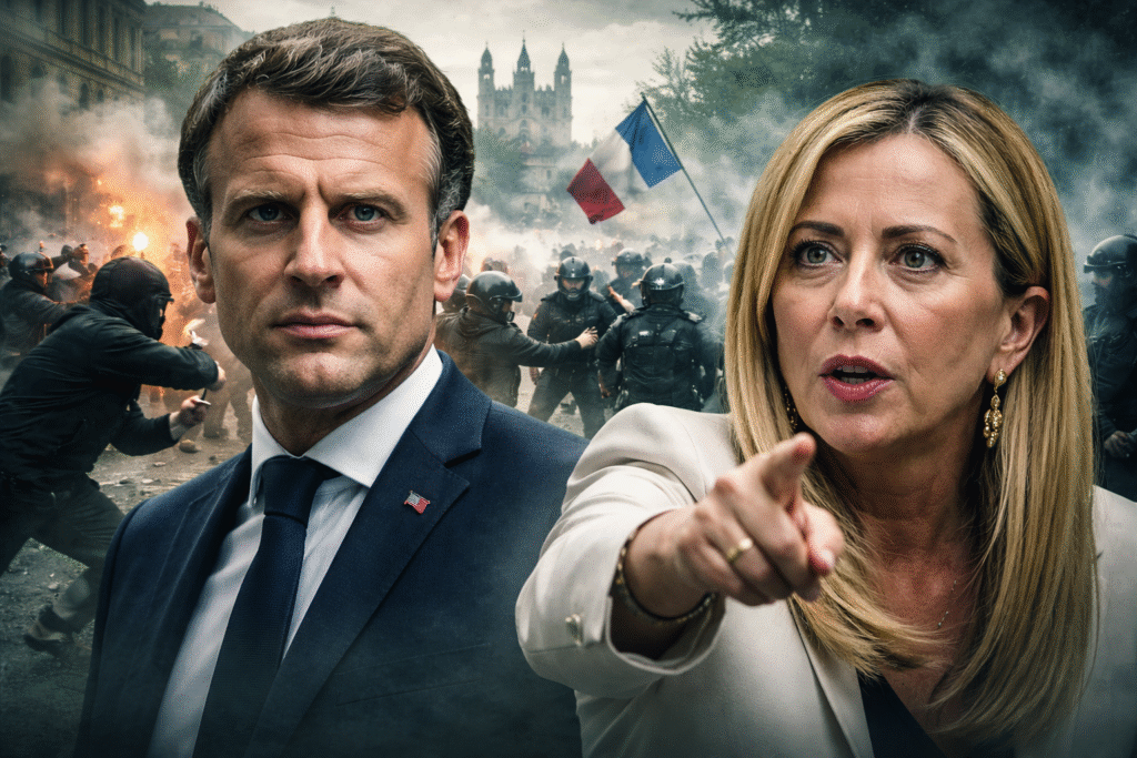 Composite news-style image of two European political leaders in the foreground with riot police, protesters, and smoke-filled street clashes in a French city background.