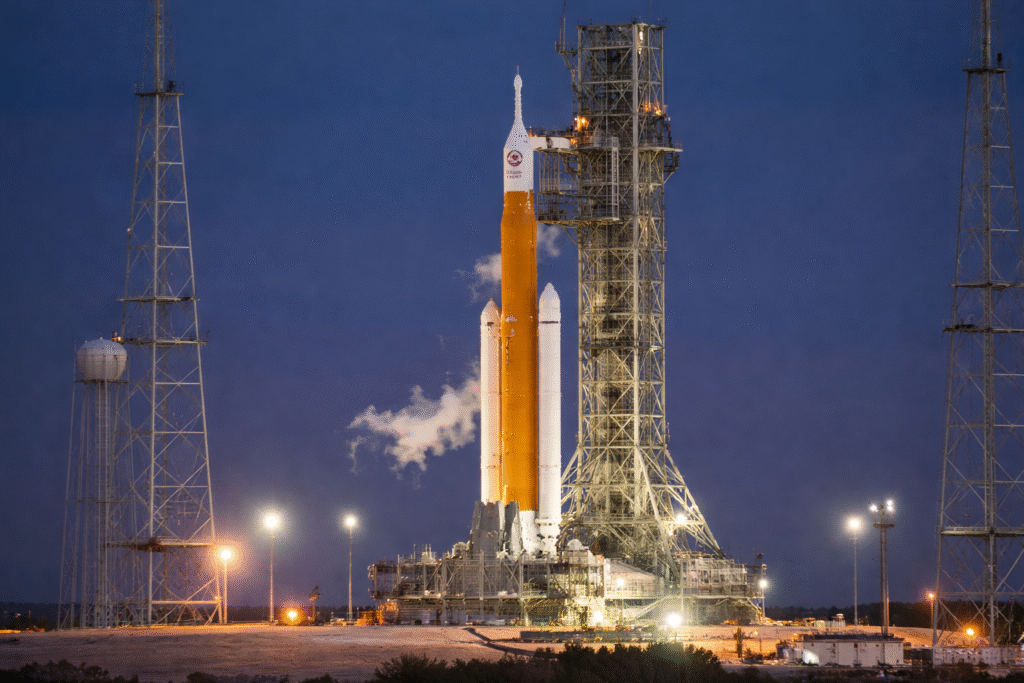 NASA’s Artemis II Space Launch System rocket stands on Launch Pad 39B at dusk during a wet dress rehearsal, with vapor venting as cryogenic propellants are loaded.