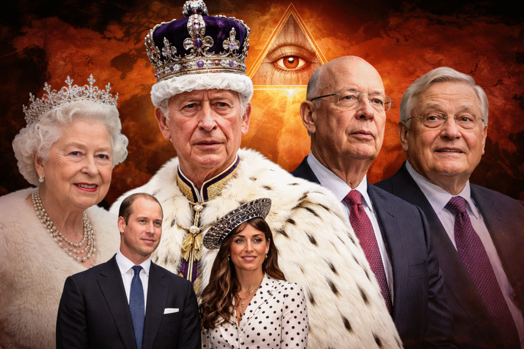 Composite image of European royal figures and global public figures arranged in front of a world map background, symbolizing discussions about influence, power networks, and monarchy.