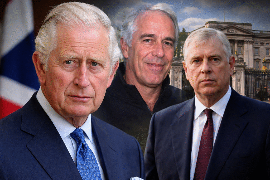 King Charles III and Prince Andrew in formal attire with Buckingham Palace in the background, alongside an image of Jeffrey Epstein, representing the investigation into Epstein-related allegations involving the royal family.