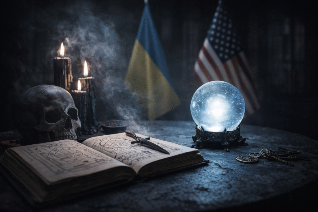 Dimly lit table with an open book, a human skull, lit candles, and a glowing crystal ball, with faint Ukrainian and U.S. flags visible in the background.