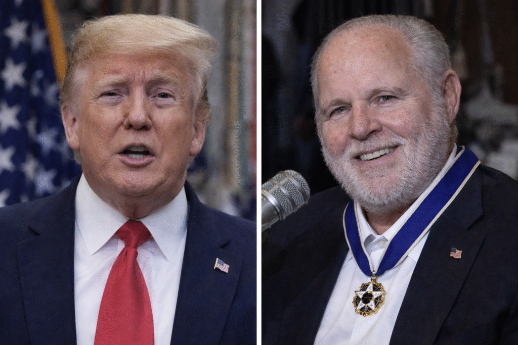 Split image showing Donald Trump speaking in front of an American flag and Rush Limbaugh smiling with a microphone and Medal of Freedom.