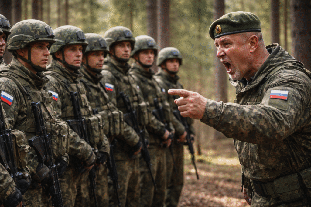 Russian soldiers in camouflage stand in formation in a forest while a commanding officer gestures and shouts during a field briefing.