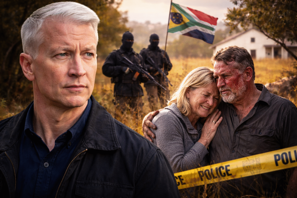 Television journalist with rural South African farm backdrop, security presence, and distressed couple behind police tape representing controversy over farm attack coverage.