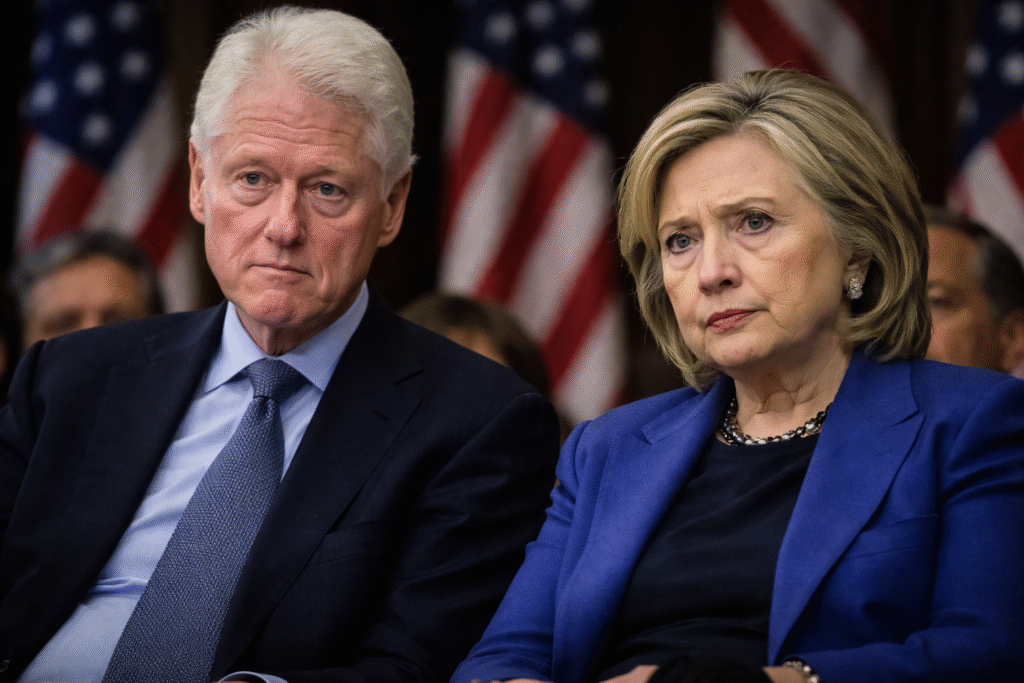 Bill and Hillary Clinton seated side by side at a formal event with American flags blurred in the background.