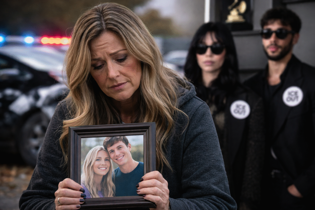 Grieving mother holding a framed photo of a young couple, with police lights and a blurred awards event scene in the background.
