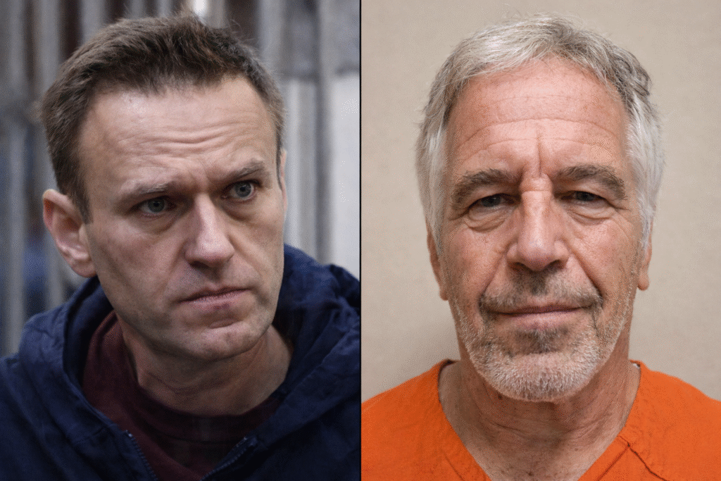 Split image showing Alexey Navalny on one side and Jeffrey Epstein on the other, each in portrait view against blurred backgrounds.