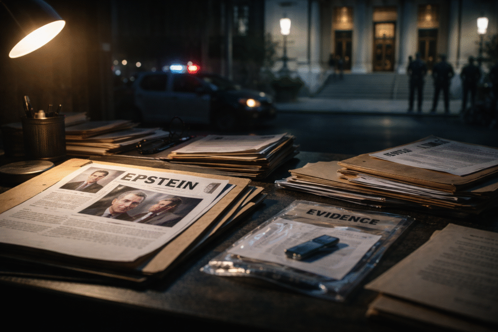 Investigative scene showing documents and evidence files related to the Epstein case on a desk, with a government building and police presence blurred in the background.