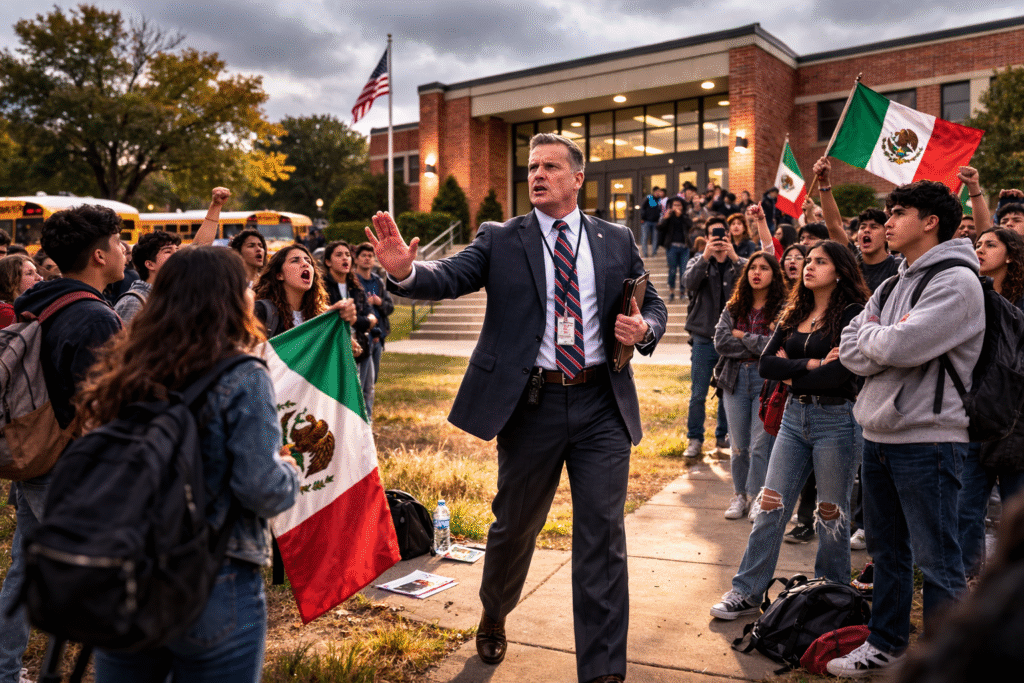 High school principal standing outside a school building addressing a group of protesting students holding flags, with school buses and a U.S. flag visible in the background.
