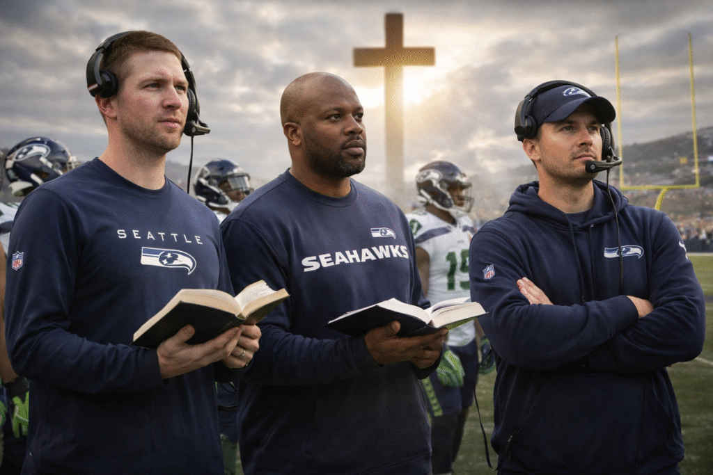 Seattle Seahawks coaches standing on the sideline holding Bibles before a game, with a football field and goalposts in the background.