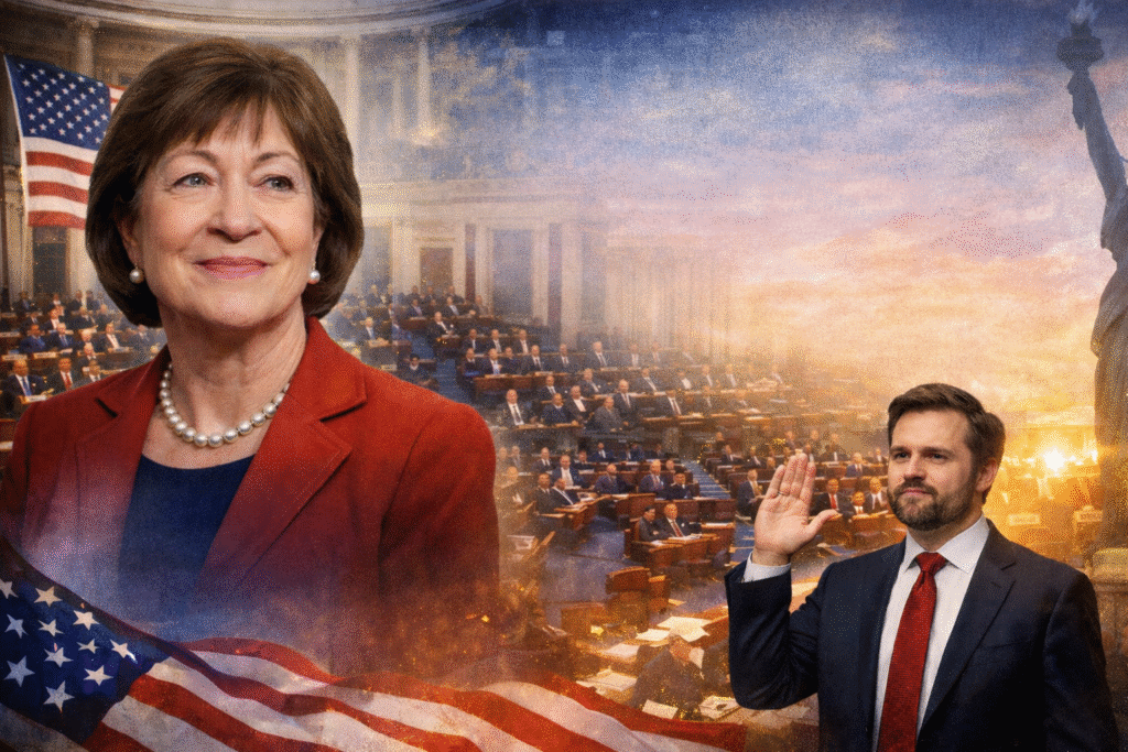 Senator Susan Collins and Vice President JD Vance in front of the U.S. Senate chamber with an American flag and Statue of Liberty in the background.