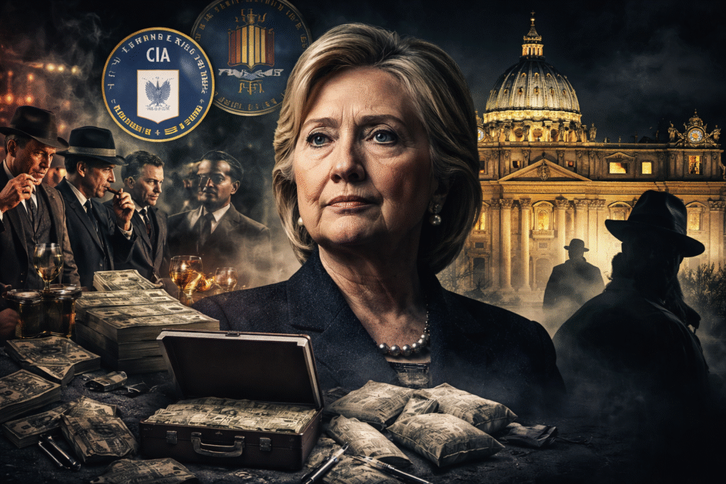 Portrait-style composite image of a female political figure in the foreground with scenes of suited men, cash, and institutional buildings in the background, symbolizing alleged connections between politics, organized crime, and intelligence networks.