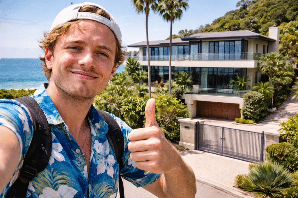 Young man taking a selfie with a thumbs up in front of a large modern beachfront mansion with palm trees and ocean in the background