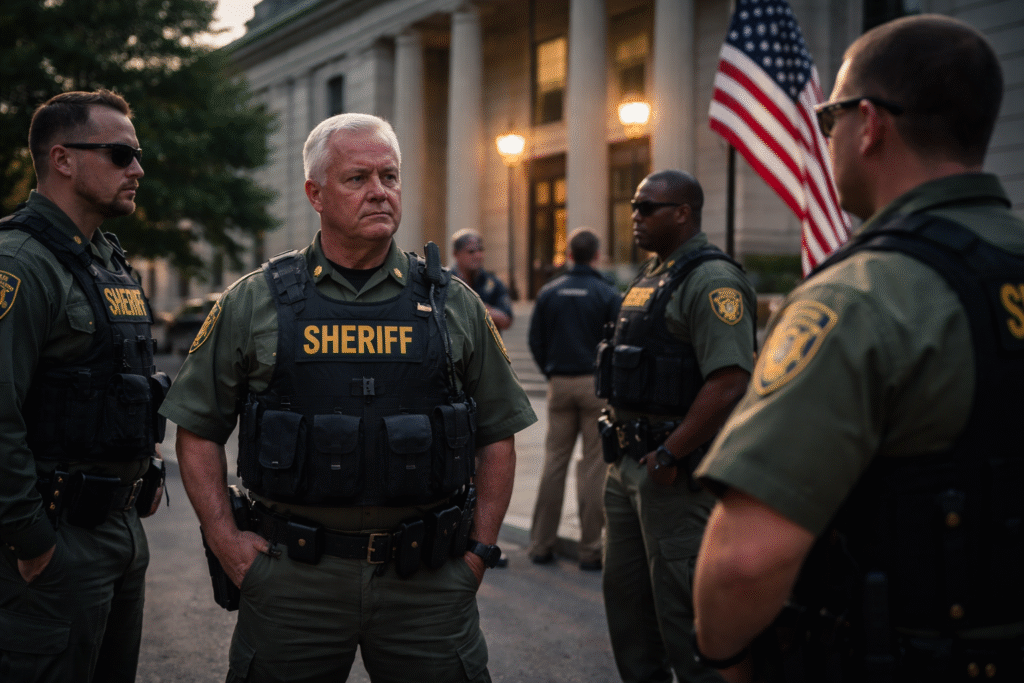 Uniformed sheriff deputies standing outside a courthouse at dusk with an American flag in the background and federal agents visible nearby.