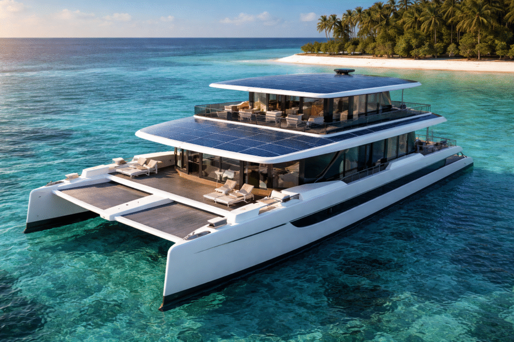 Solar-powered catamaran with rooftop solar panels anchored in clear ocean water, featuring a wide deck and modern multi-level living spaces.