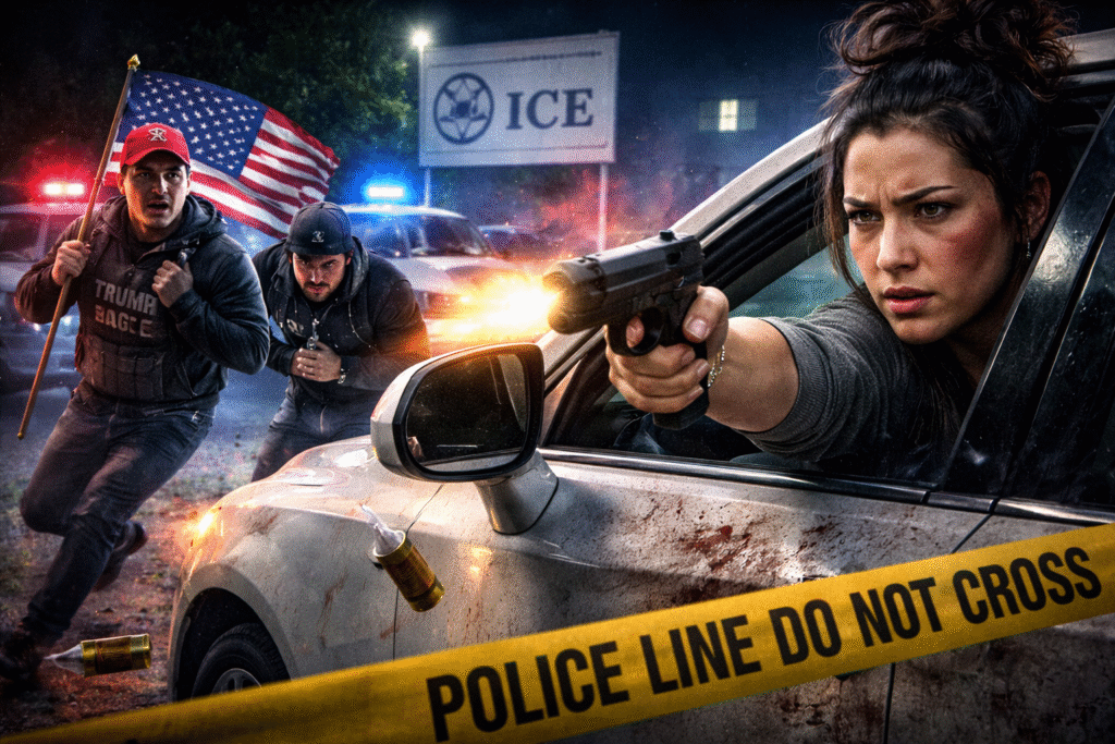 Nighttime scene outside a government facility showing a woman firing a handgun from a car window as two men react nearby, with police lights and caution tape in the background.