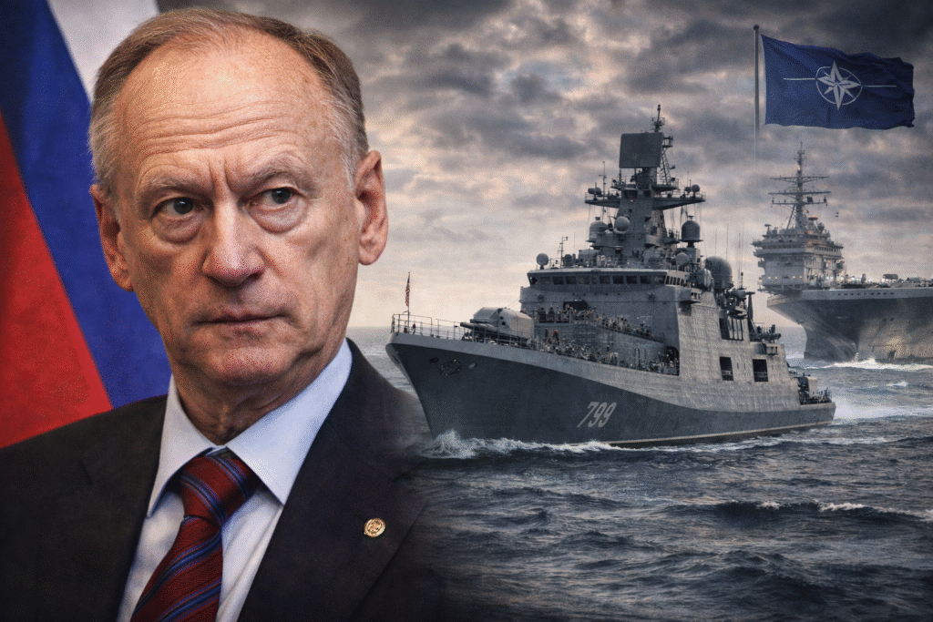 Russian naval ships at sea with NATO flag in the background and a portrait of a senior Russian official in the foreground.